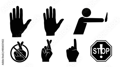 A collection of stop hand gestures and signs in black and white.