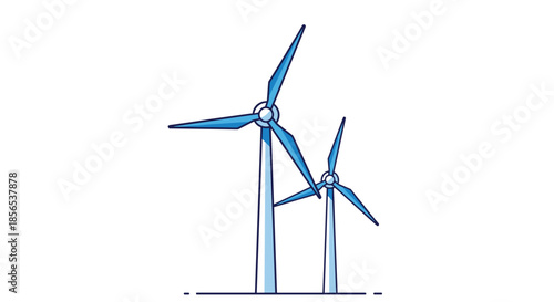 Renewable energy illustration featuring two stylized blue wind turbines standing tall for sustainable power generation concepts.