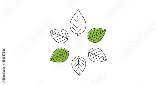 Circular leaf pattern showing a mix of line art outlines and solid green leaves to represent biological growth and selection.