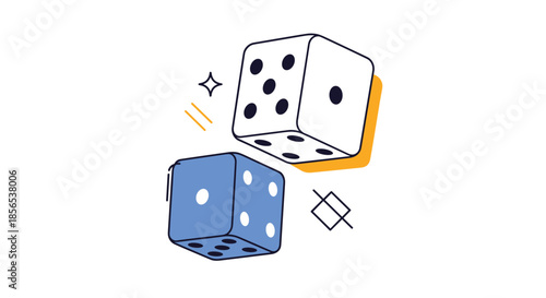 Playful pair of dice in blue and white colors with star and line details in a modern line art illustration style for gaming themes.