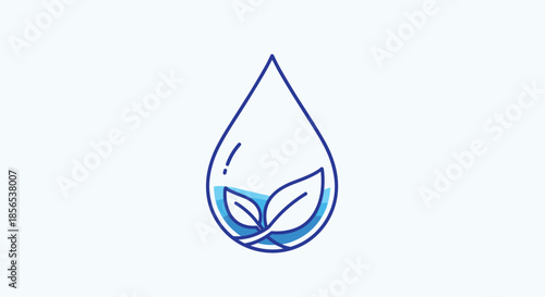Clean blue water drop icon containing a green leaf inside to symbolize purity nature and environmental protection for water brands.