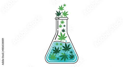 Scientific laboratory flask filled with blue liquid and floating green cannabis leaves depicting medical marijuana research and science.