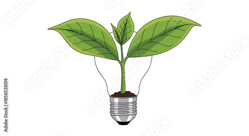 Symbolic green plant sprout growing from a light bulb with soil inside representing bright ideas and sustainable energy concepts.