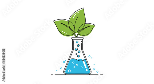 Laboratory flask with blue bubbling water and green leaves growing out of the top symbolizing biotechnology and organic research.