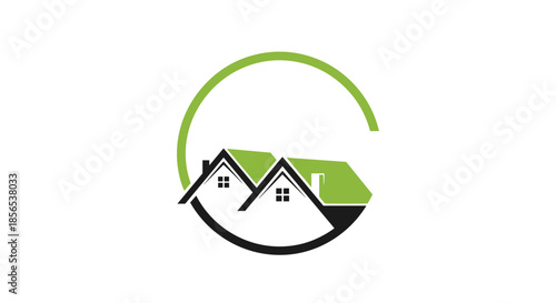Green housing logo with two houses and a sweeping curved line in a circular arrangement representing community and eco living.