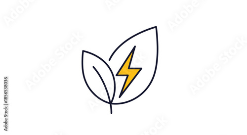 Two green leaves with a bright yellow lightning bolt symbol in the center representing natural energy and environmental power concepts.