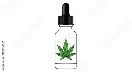 Dropper bottle containing cannabis oil with a green marijuana leaf on the label for medical use and scientific research themes.
