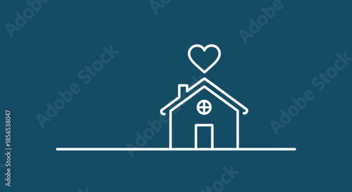 Minimalist house icon with a small heart symbol above the roof in white lines on a dark blue background representing love at home.