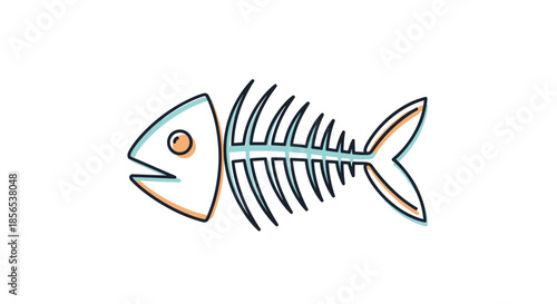 Stylized fish skeleton anatomy with orange and light blue color details in a modern line art style suitable for creative seafood menus.