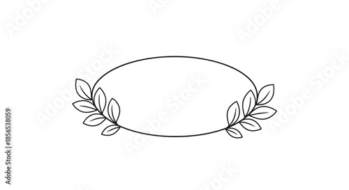 Simple oval frame decorated with two laurel like leaf branches on the sides in a minimalist black line art style for invitations.