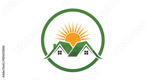 Solar energy real estate logo featuring two houses with green roofs and a rising sun in a circular frame for sustainable living.
