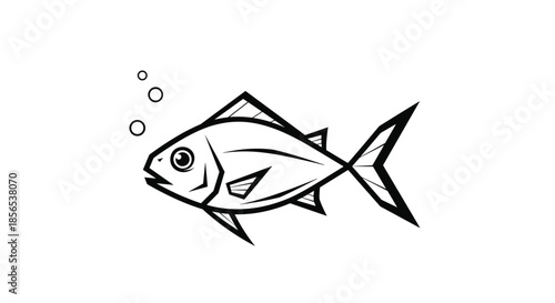 Minimalist fish illustration in bold black lines with bubbles rising in the water depicting marine life for marine and nature projects.