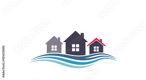 Neighborhood property logo featuring three stylized houses in gray and red shades atop flowing blue waves for real estate.