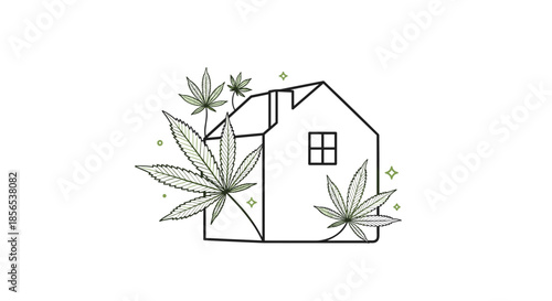 Cannabis house concept showing a simple line art home silhouette surrounded by detailed marijuana leaves and sparkling elements.