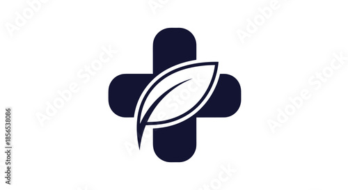 Medical healthcare logo featuring a dark blue cross emblem integrated with a stylized leaf to symbolize natural wellness.