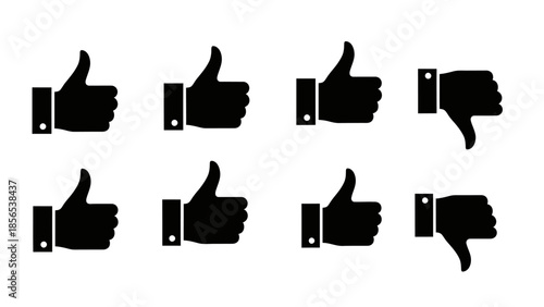 A collection of thumbs up and thumbs down icons in black and white.