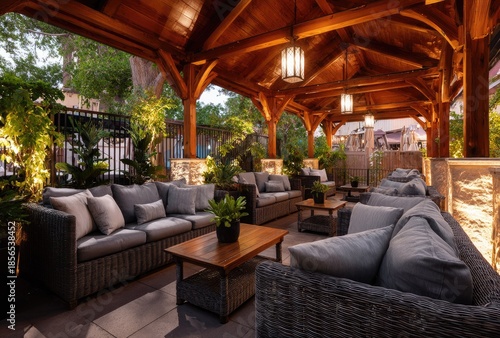 Outdoor lounge area under wooden canopy with comfortable seating and ambient lighting