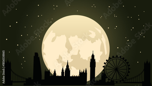 London skyline silhouette with full moon