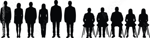 Business people silhouette set illustration, standing and seated office workers, professional team figures, corporate human resources concept, minimal vector design