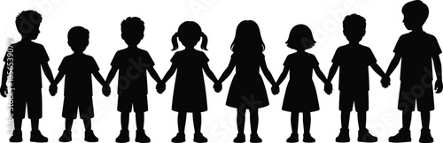 Children holding hands silhouette illustration, diverse kids standing together, unity friendship concept, childhood community symbol, simple black vector design
