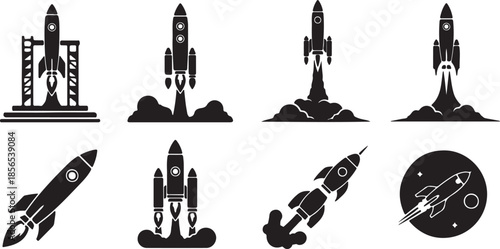 A powerful rocket launching with bright flames and billowing smoke a dramatic silhouette