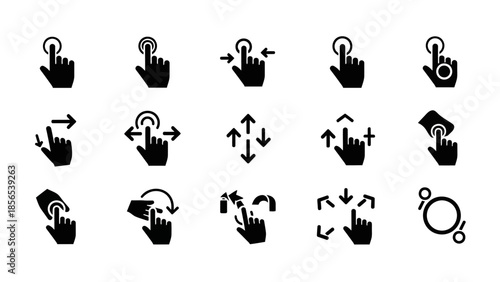 Set of black and white hand gestures for touch screen devices.