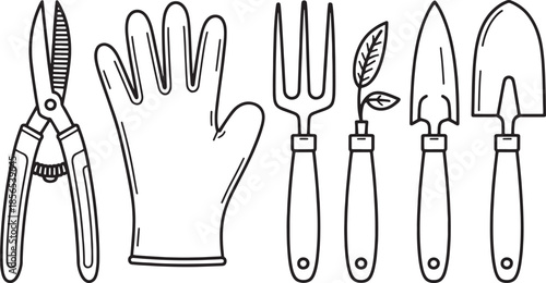 Line art collection of gardening tools including shears gloves fork trowel and spade pruning shears