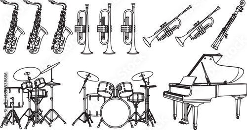 Line art collection of jazz musical instruments including saxophones trumpets drums and piano drum kit