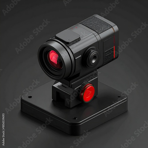 Isometric view of a sleek, black camera on a small base, red accents