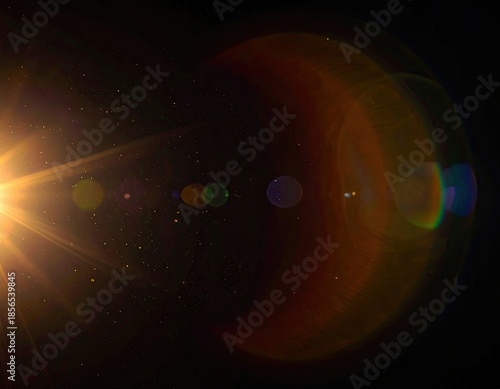 Bright light flare with bokeh on black background