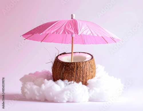 Half-coconut, pink umbrella, on cotton clouds, pastel background