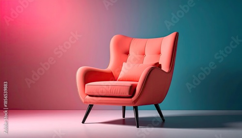 Coral armchair with a pillow against a colorful, gradient backdrop