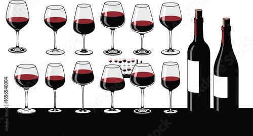 Realistic red wine glass collection illustration, assorted wine glass shapes with bottle set, elegant bar drink concept, detailed vector artwork