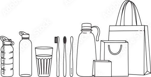 Line art collection of reusable water bottles toothbrushes glass and shopping bags tote bag