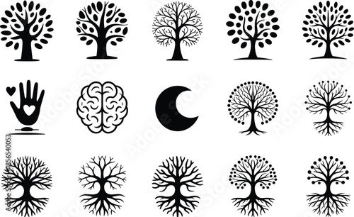 Tree of life silhouette icon set, nature growth symbols, roots and branches concepts, mindfulness spirituality elements, minimal black vector illustration collection