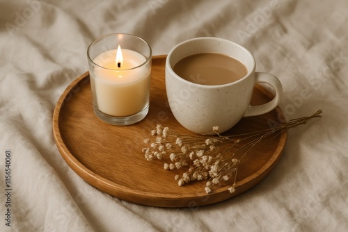 Lit candle beside beige coffee mug on wooden tray with dried flowers soft fabric