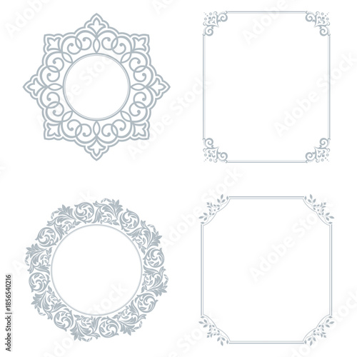 Set of decorative frames Elegant vector element for design in Eastern style, place for text. Floral gray and white borders. Lace illustration for invitations and greeting cards