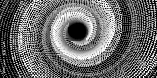 Abstract spiral pattern made of white spotted lines on a black background. The dynamic, optical illusion effect creates depth and motion, perfect for modern design, posters or digital art projects.