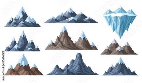 Cartoon mountain ridges vector set with snowy alpine cliffs and rocky hills isolated on white background
