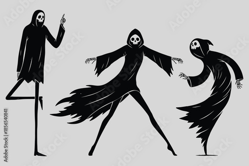 Set of Three Stylized Funky Grim Reaper in Dynamic Poses