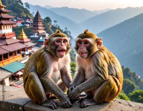 Two playful monkeys sitting with smiling expressions against a scenic backdrop