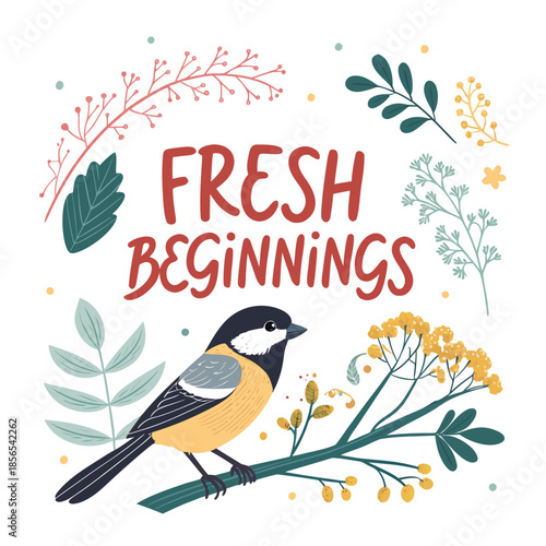 Fresh Beginnings A Charming Illustration Featuring a Titmouse Bird Perched on a Twig Amidst Delicate Foliage and Floral Accents, Evoking a Sense of Renewal and Growth