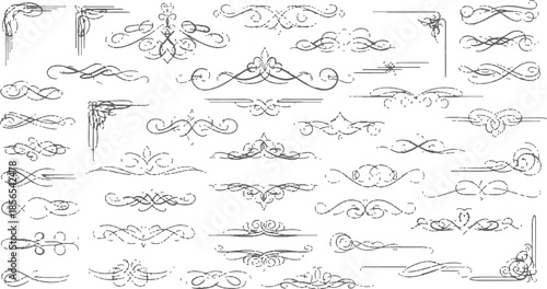Set of vintage calligraphic design elements featuring floral scrolls and ornate victorian swirls for page decoration with retro borders and vector flourish dividers in a classic ornamental style