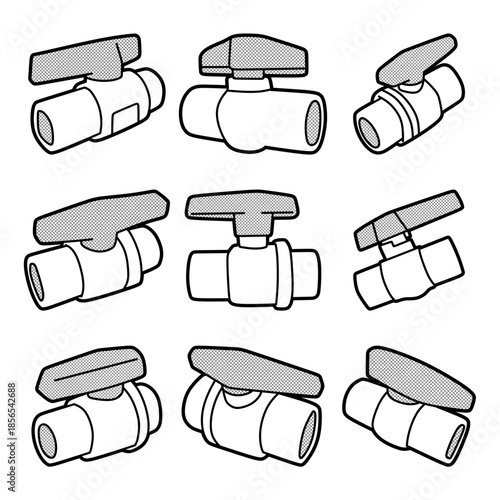 collection of simple black and white line drawings of a large water faucet