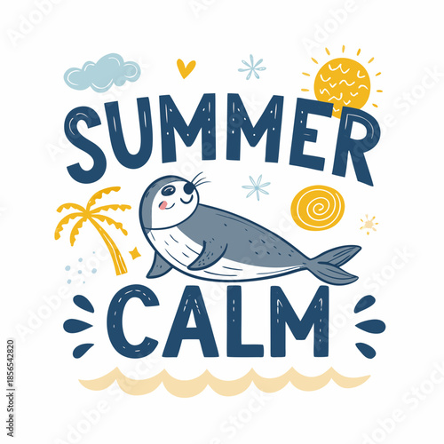 Summer calm, a delightful illustration of a happy seal enjoying a sunny day by the sea, perfect for vacation and relaxation themes