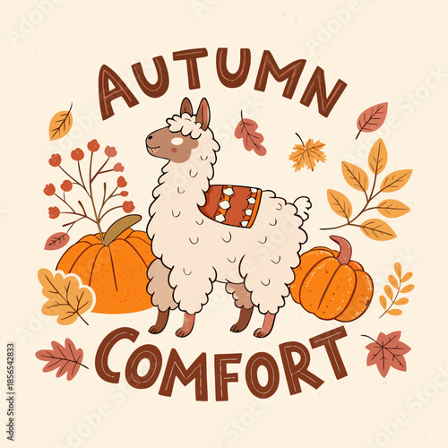 Charming illustration of a fluffy llama embraced by the warm essence of autumn, surrounded by pumpkins, colorful leaves, and cozy seasonal comfort