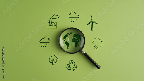 Environmental Analysis Concept Featuring Magnifying Glass Over Earth and Renewable Energy Icons
