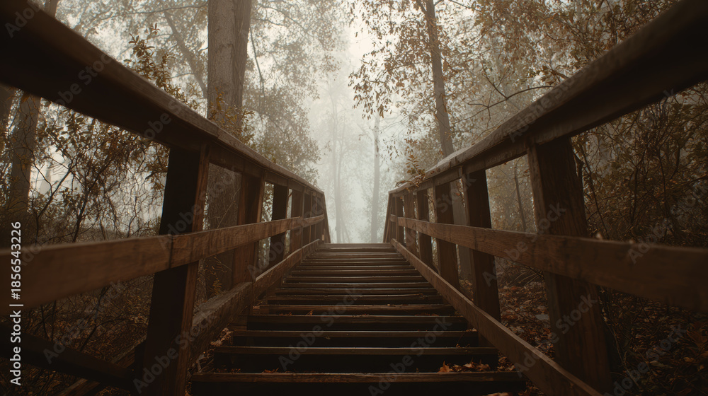 Fototapeta premium Wooden bridge leading through a dense foggy forest with tall trees and lush foliage, rustic hand-crafted construction and textured surface