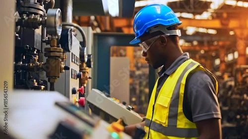 Black technician operating industrial control panel, highvis vest and blue hard hat, adjusting valves and switches on heavy machine in warm lit factory, focused expression, safety gloves