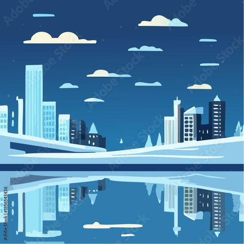 Snowy cityscape with modern buildings and calm lake reflection